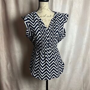 Modcloth Expert in Zeal Blue and White Chevron Striped Button Down Top L